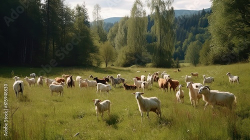 goats graze on a farm meadow. Generative AI © Margo_Alexa