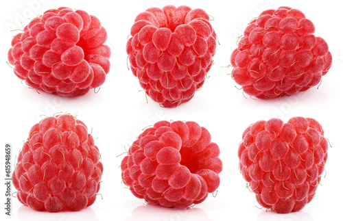 Set of red raspberry berry fruits isolated on white background