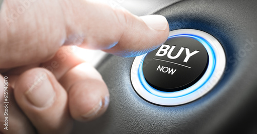 Bild auf Leinwand Man pushing a car start button with the text buy now