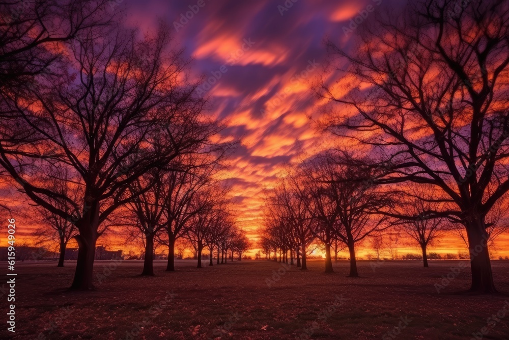 Fototapeta premium The shot balances the silhouettes of bare trees against the vibrant colors of the sunset sky, blending the tranquility and mystery of the autumn season. Generative AI