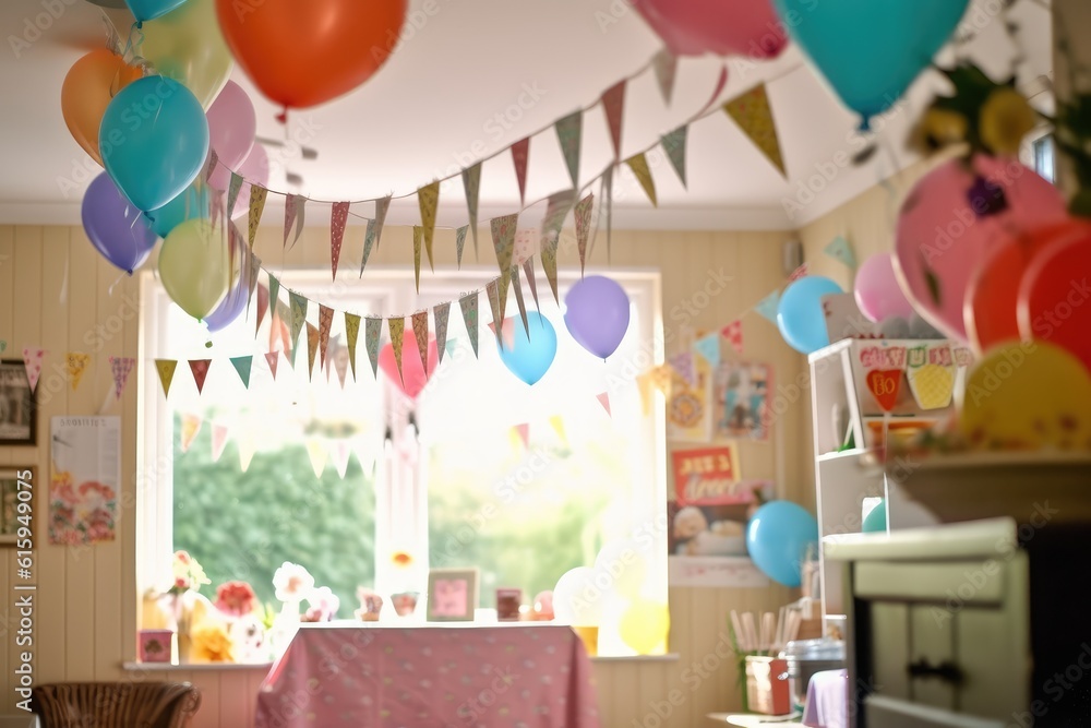 Party atmosphere with a focus on pastel balloons and baby-themed decorations lined up around the room. Generative AI Party atmosphere with a focus on pastel balloons and baby-themed decorations lined up around the room. Generative AI