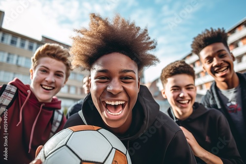 Happy teenagers playing soccer outdoors during daytime. Generative Ai