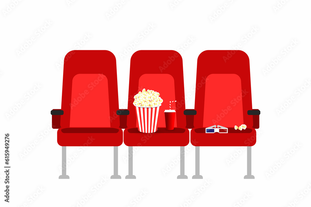 Fototapeta premium Cinema seats in a movie with popcorn, drinks and glasses. Flat cartoon Cinema seats illustration. Movie cinema premiere poster concept design. Show time
