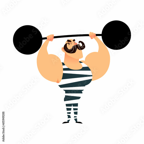 Funny cartoon circus strong man. A strong muscular athlete lifts the barbell. Retro sportsman with a mustache. Flat guy character with heavy metal barbell. Bodybuilder illustration. Power Circus artis