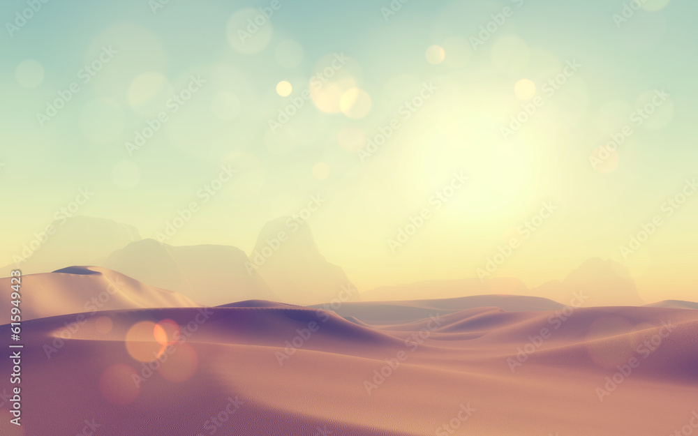 3D render of a retro styled desert scene