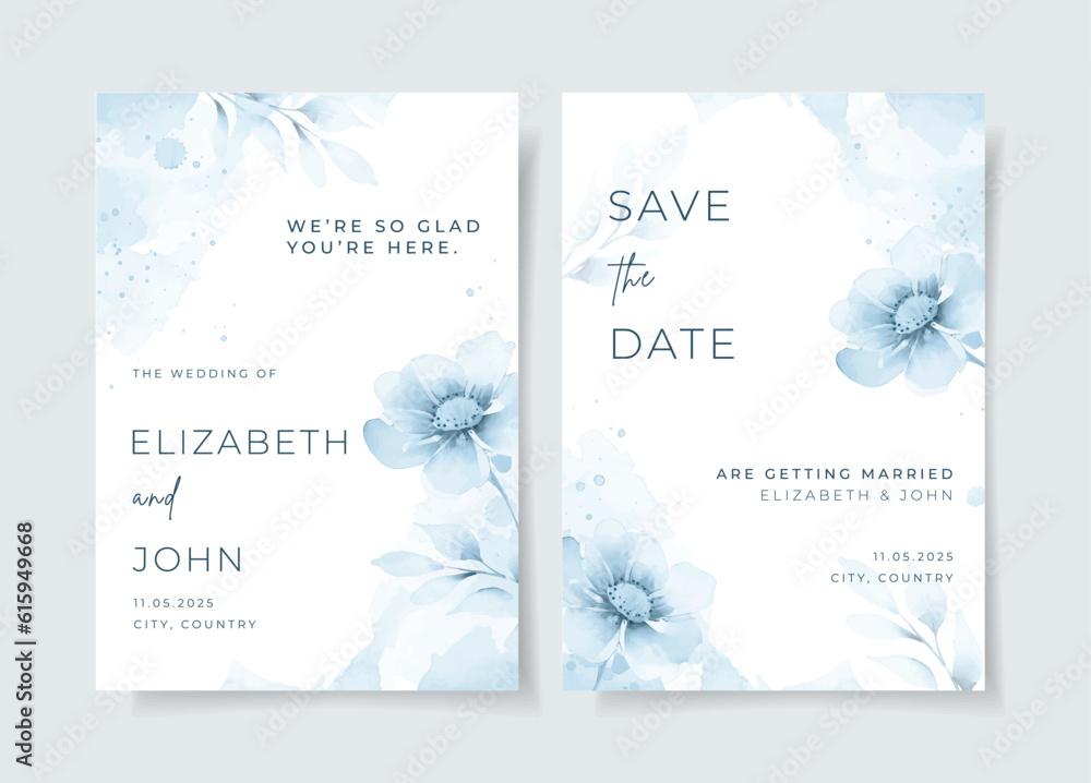 Elegant watercolor with floral and leaves on wedding invitation card template