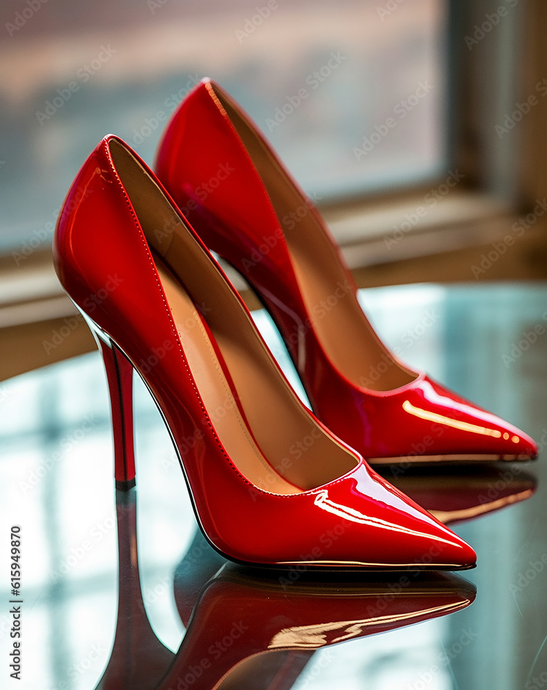 A pair of fashionable red high heeled shoes with reflections isolated . Generative AI. A pair of fashionable red high heeled shoes with reflections isolated . Generative AI.