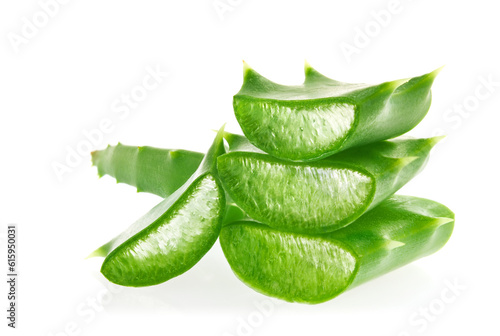 Fresh juicy sliced green leaves of Aloe, isolated on white background.