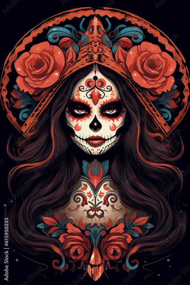 La Catrina dia de muertos Figur mit Maske / Make-up. Dekoriert mit Blumen. Tag der Toten in Mexico. Hochkant. Hochformat. Generative Ai. La Catrina dia de muertos Figur mit Maske / Make-up. Dekoriert mit Blumen. Tag der Toten in Mexico. Hochkant. Hochformat. Generative Ai.