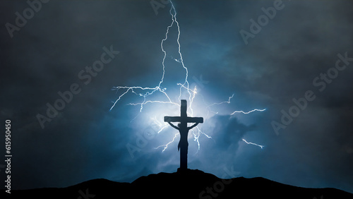Jesus silhouette on Calvary Hill in the storm