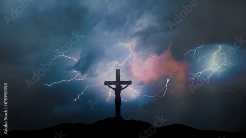 Jesus silhouette on Calvary Hill with lightnings