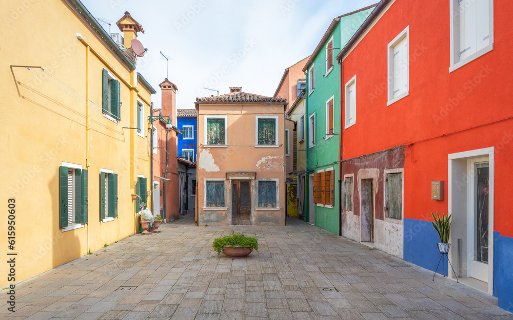 Colorful houses on The Burano island near Venice, Italy, Europe.