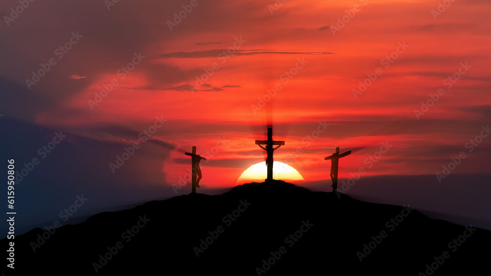 Three crosses on the Calvary with sun and rays Three crosses on the Calvary with sun and rays