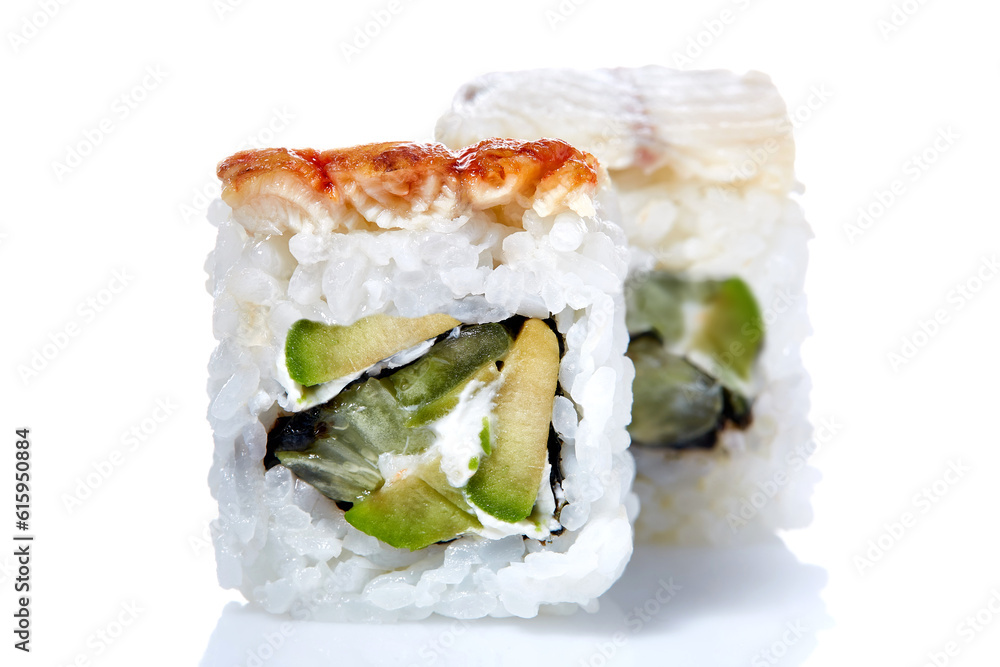 Traditional fresh japanese sushi rolls on a white background, close-up, selective focus. Sushi food japan. Delicious traditional asian food. Japanese cuisine. Oriental meal. Exotic food concept. Traditional fresh japanese sushi rolls on a white background, close-up, selective focus. Sushi food japan. Delicious traditional asian food. Japanese cuisine. Oriental meal. Exotic food concept.