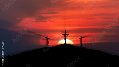Three crosses on the Calvary with sun and rays