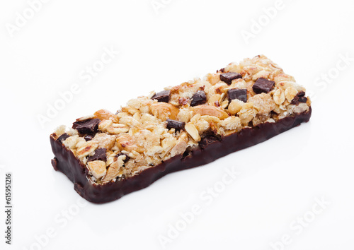 Chocolate protein cereal energy bar on white background