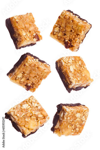 Protein cereal energy mini bars nuts and chocolate for breakfast on white background
