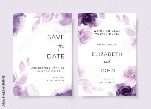 Elegant watercolor with floral and leaves on wedding invitation card template