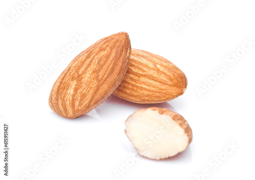 Healthy almonds nuts macro on white background