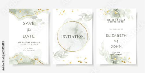 Elegant watercolor with floral and leaves on wedding invitation card template