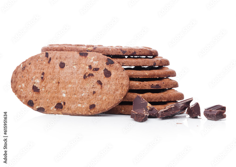 Healthy bio chocolate breakfast grain biscuits on white background Healthy bio chocolate breakfast grain biscuits on white background