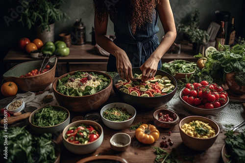 a woman preparing food on a table with many bowls and bowls full of vegetables in the photo is taken from above