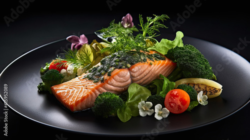 salmon and vegetables on a black plate with a forked knife in the middle to show how it is done