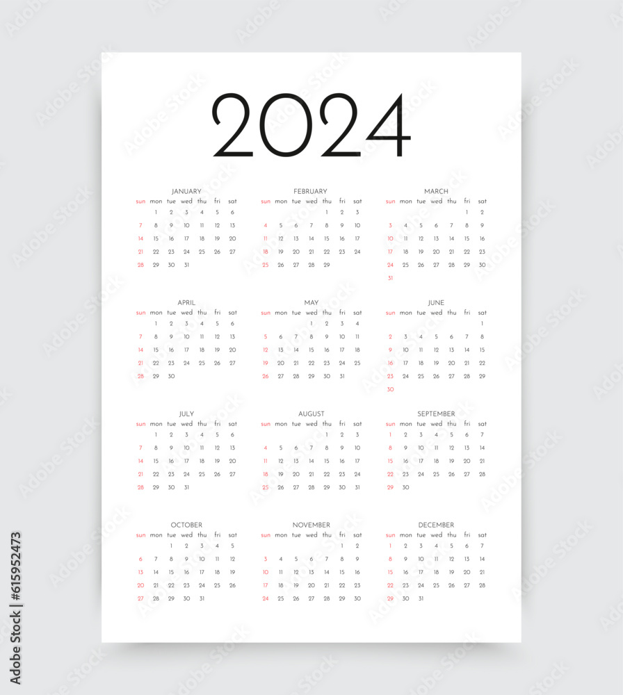 Calendar 2024 year. Week starts Sunday. Pocket calender layout. Yearly ...