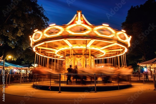A traditional carousel in motion, a staple sight at Oktoberfest. Generative AI