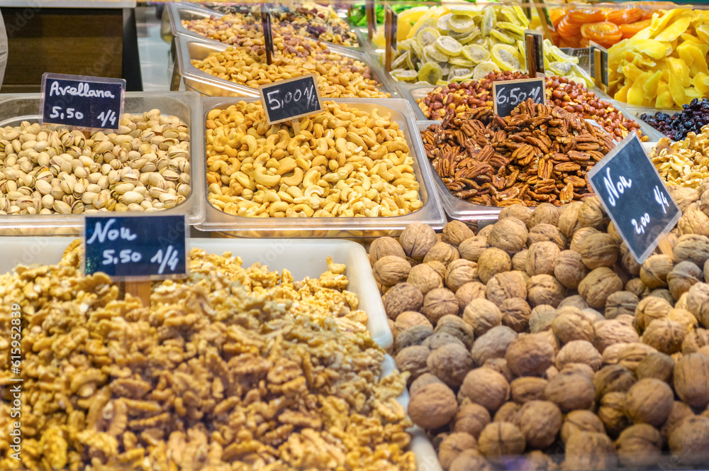 Valencia, Spain - February 24, 2018: Various type of nuts in the Central Market of Valencia, Spain