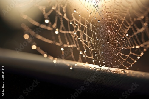 A dew - speckled spider web stretched across the corner of a rustic window frame, with the soft glow of a full moon in the background. Generative AI