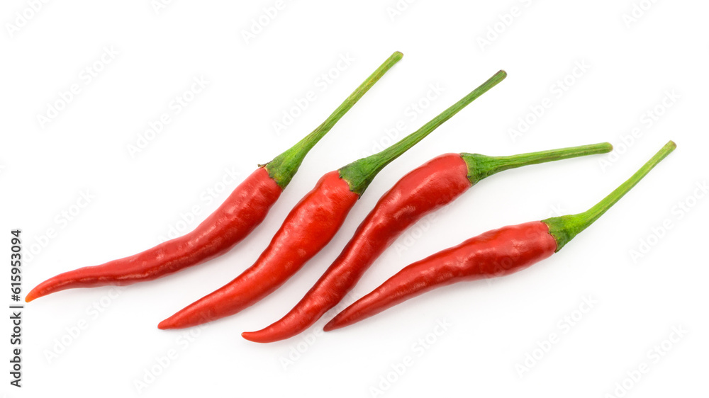 Hot chili pepper or small chili padi, line up, isolated on white background