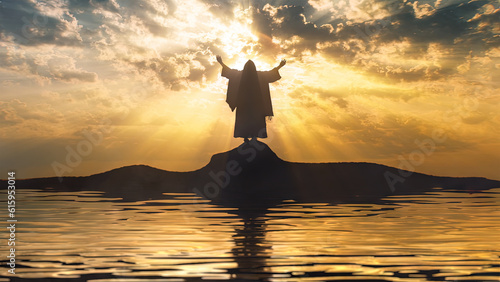 Photographie Silhouette of Jesus praying on a shore with sun rays.