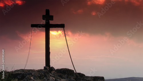 Wooden cross on a stormy day from Calvary hill, outside ancient Jerusalem.