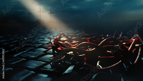 Crown and three crosses with ray of light