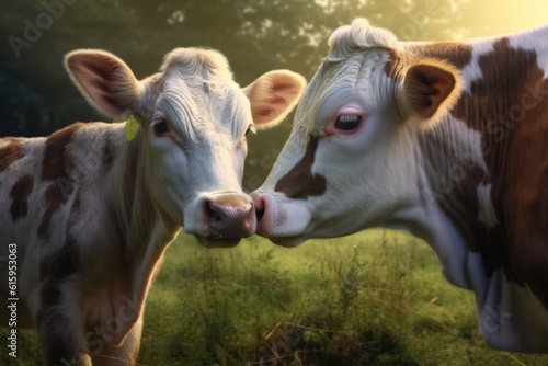 A heartwarming image of a mother cow nuzzling her calf in a serene farm setting, emphasizing the nurturing and family-oriented nature of cow farming. Generative AI © bluebeat76