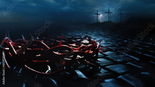 Crown of thorns and crosses on Calvary