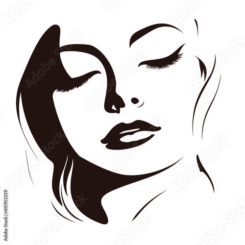 woman’s face closed eyes sexy look lovable love line art black and white, vector silhouette isolated
