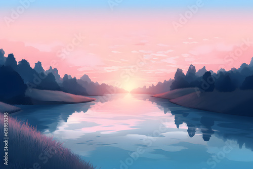 An undisturbed sunrise illuminating a calm river with gentle pastel hues of pink and blue in the morning sky