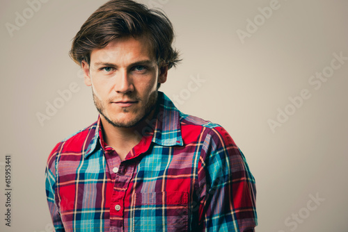 Fashion portrait of a handsome man with trendy hairstyle in a stylish shirt on light green background