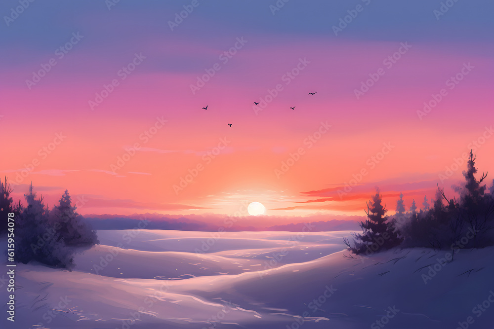 A restful sunset casting a warm glow over a serene snowfield with soft gradations of purple and pink in the evening sky A restful sunset casting a warm glow over a serene snowfield with soft gradations of purple and pink in the evening sky