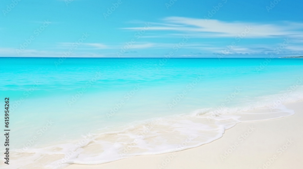 Beachscape, A serene aerial view of a pristine white sand beach surrounded by crystal clear ,very clear turquoise waters, text poster,summer background,template ,copy space,banner,generated ai