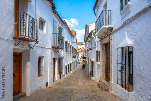 A long narrow alley leading to the town square at the Spanish White Village of Grazalema  Spain  in the Andalucian region of Southern Spain.