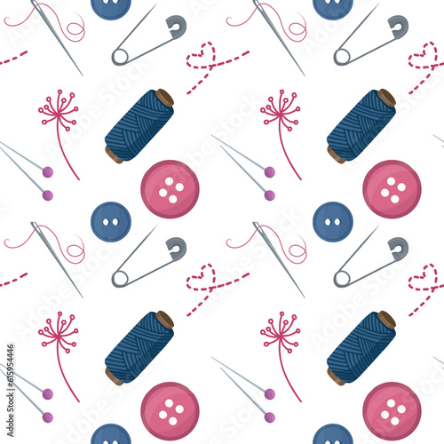 Seamless pattern with sewing tools elements, cartoon style. Wrap, fabric vector