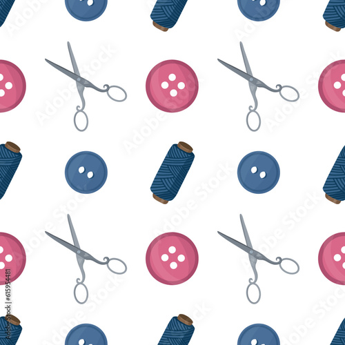 Seamless pattern with sewing tools elements, cartoon style. Wrap, fabric vector