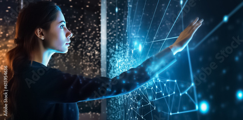 Woman controls hologram technology, handling virtual 3D connection with her hand in dark digital room. generative AI.