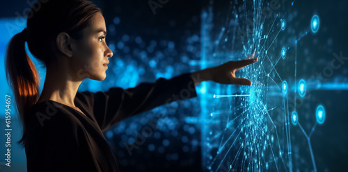 Woman controls hologram technology, handling virtual 3D connection with her hand in dark digital room. generative AI.