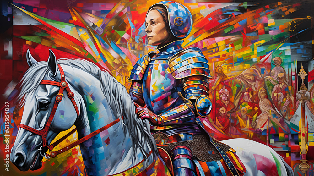 Female knight wearing armor on her horse, done in a colorful pop-art style