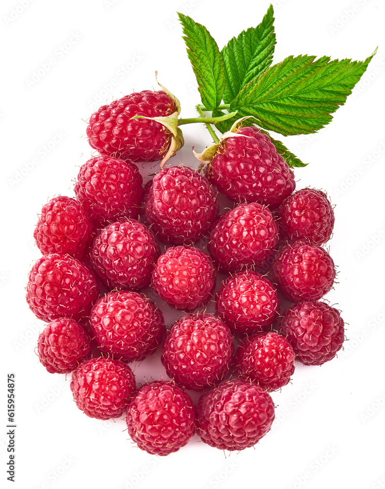 Berry raspberry top view green leaf creative idea healthy food, isolated on white background.