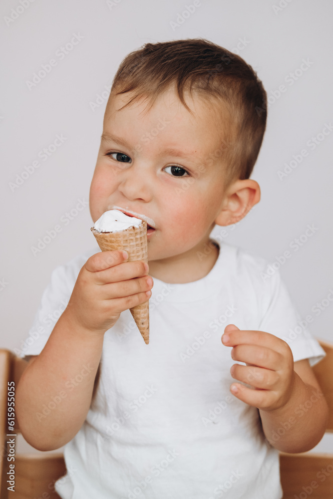 portrait of a boy biting a waffle cone with ice cream
portrait of a boy biting a waffle cone with ice cream